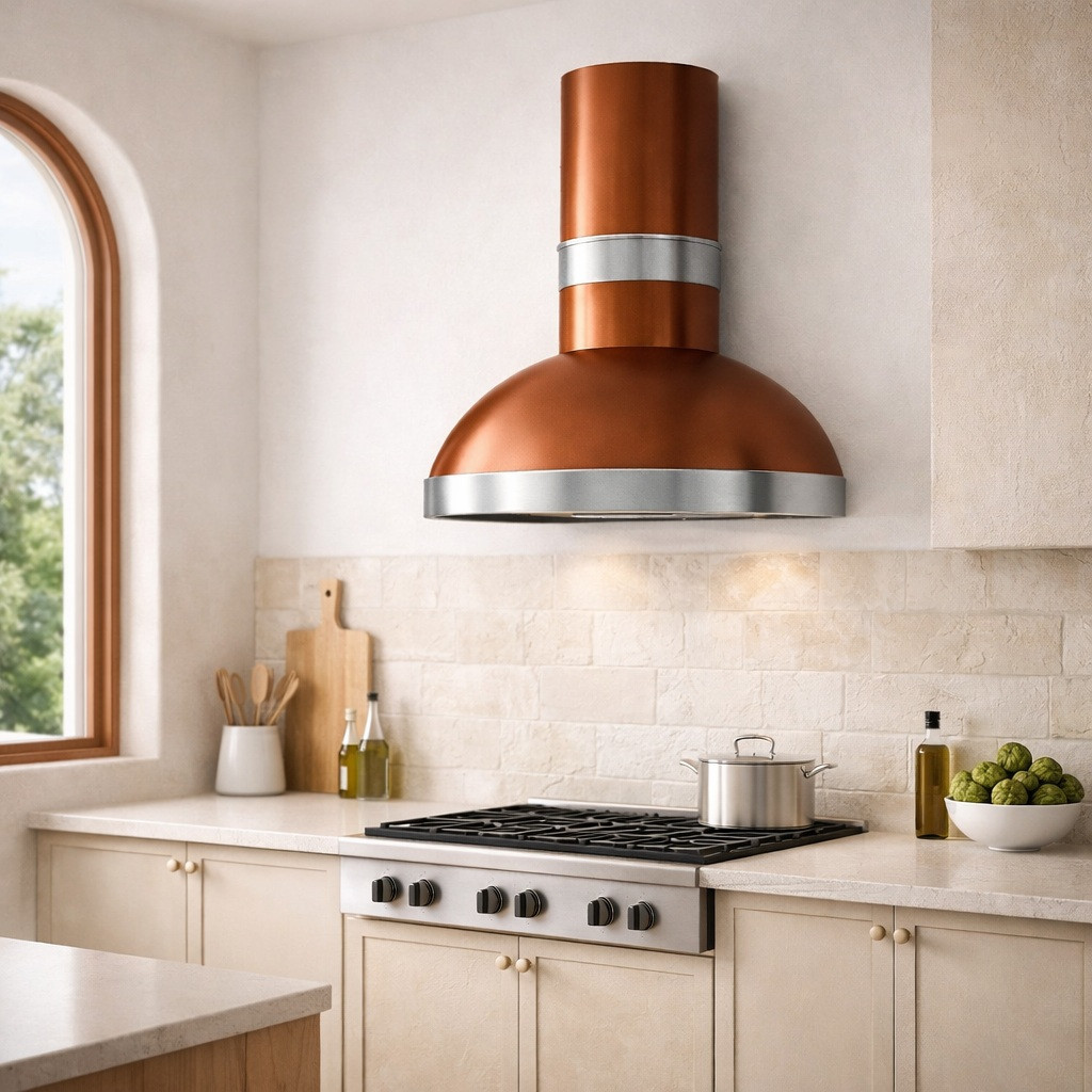 Hammered copper dome range hood with round chimney and zinc bands in clean Mediterranean kitchen with plastered wall