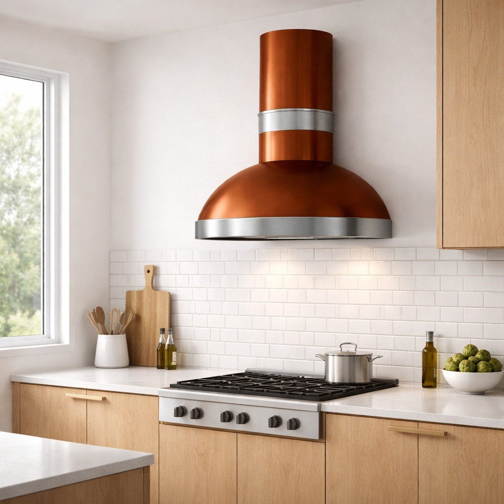 Hammered copper dome hood with round chimney and zinc bands in Scandinavian kitchen with light wood and white walls