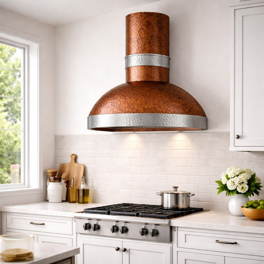 Hammered copper dome hood with round chimney and zinc bands in transitional kitchen with Shaker cabinets and mixed metals