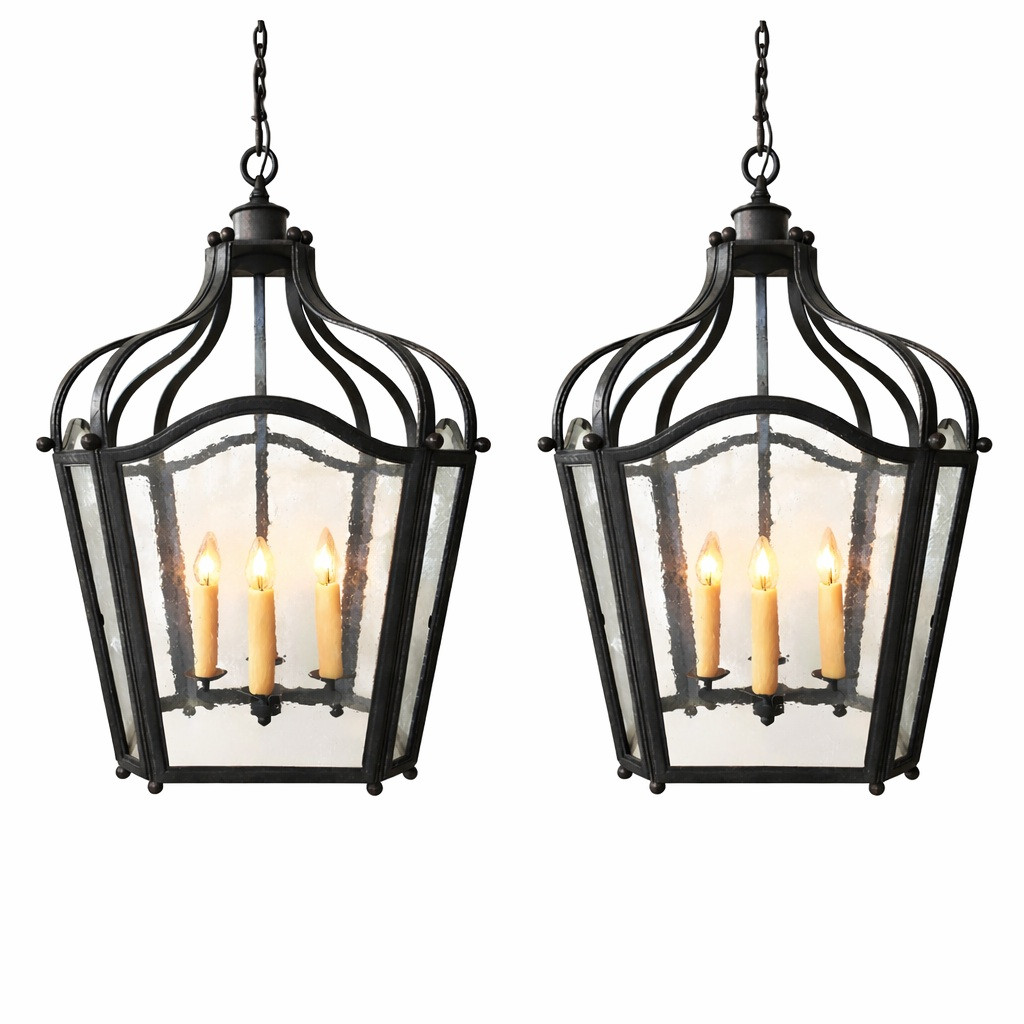 2 x French country iron lantern pendant with rustic glass set