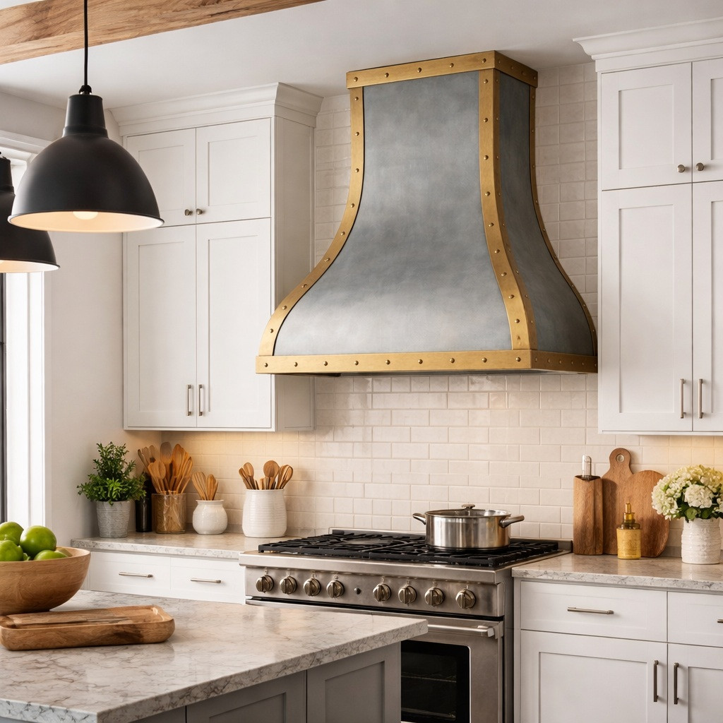 Zinc range hood with brass corner plates and straps in modern farmhouse kitchen with stone surfaces