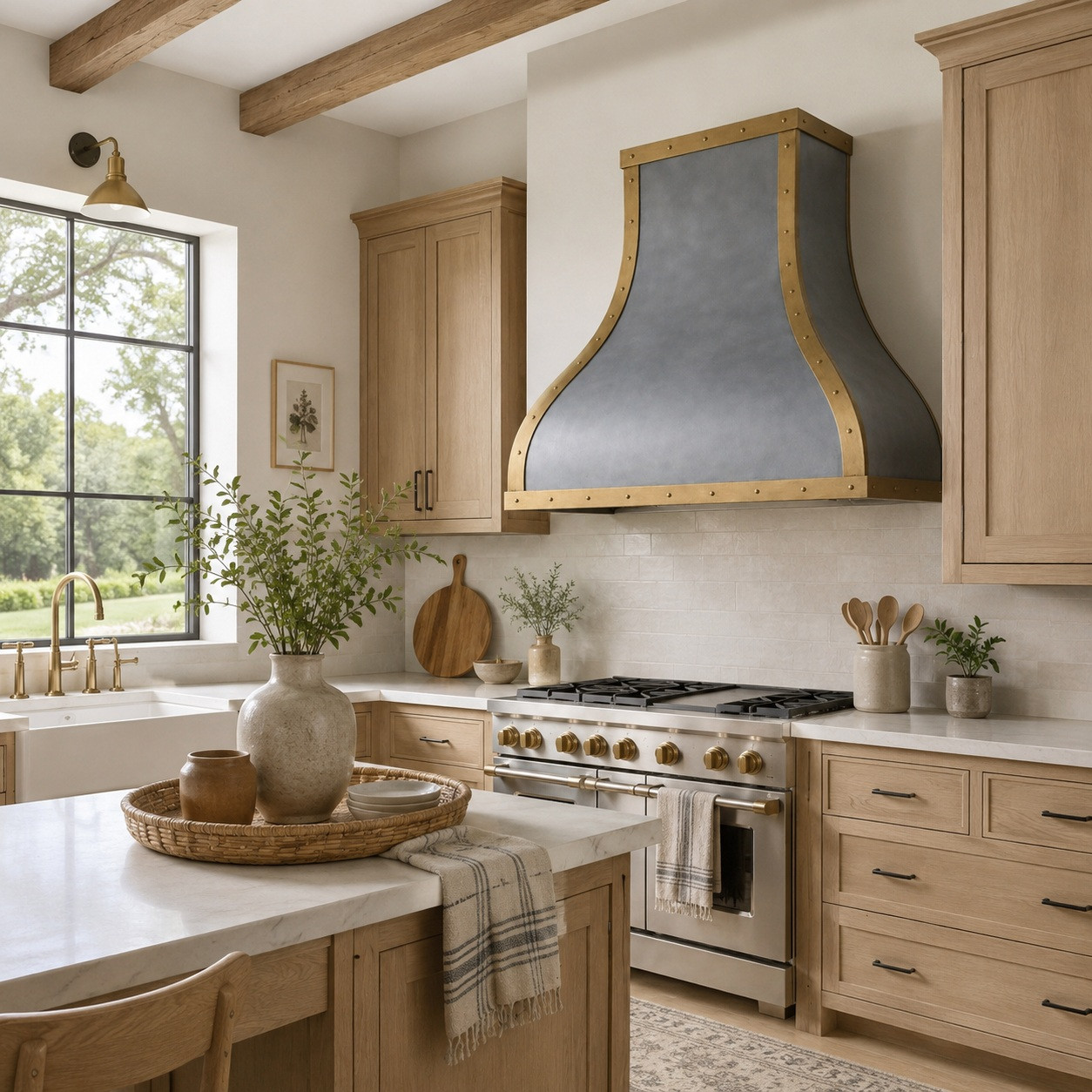 Zinc range hood with decorative brass corners and straps in a Modern Farmhouse kitchen with pale oak cabinetry