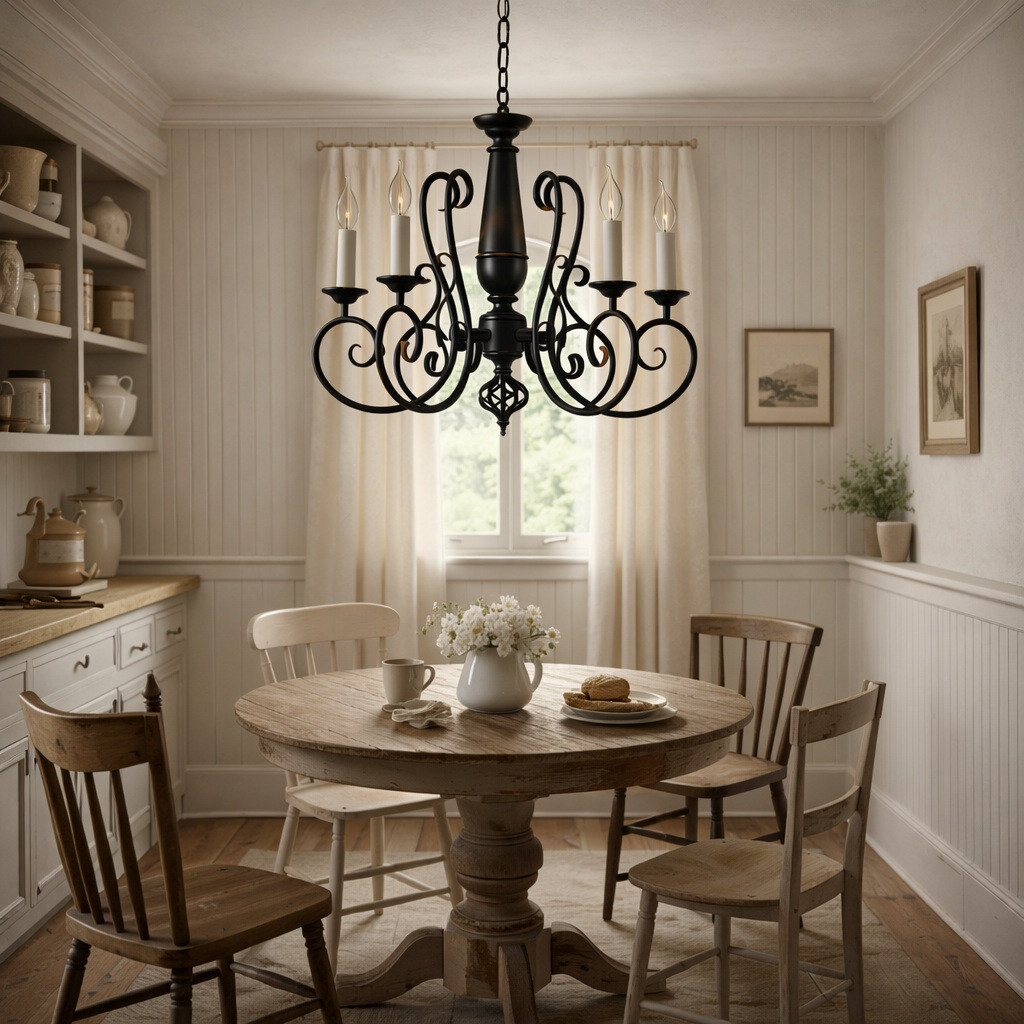 Classic wrought iron scroll chandelier with candle sleeves in rustic manor house dining room with a wood table