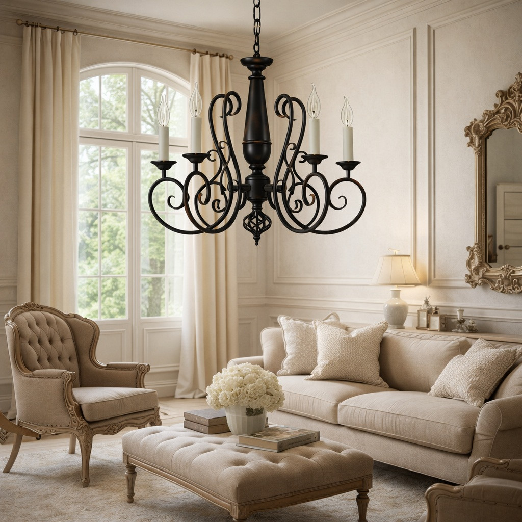 Wrought iron manor house chandelier in French Provincial living room with soft textiles