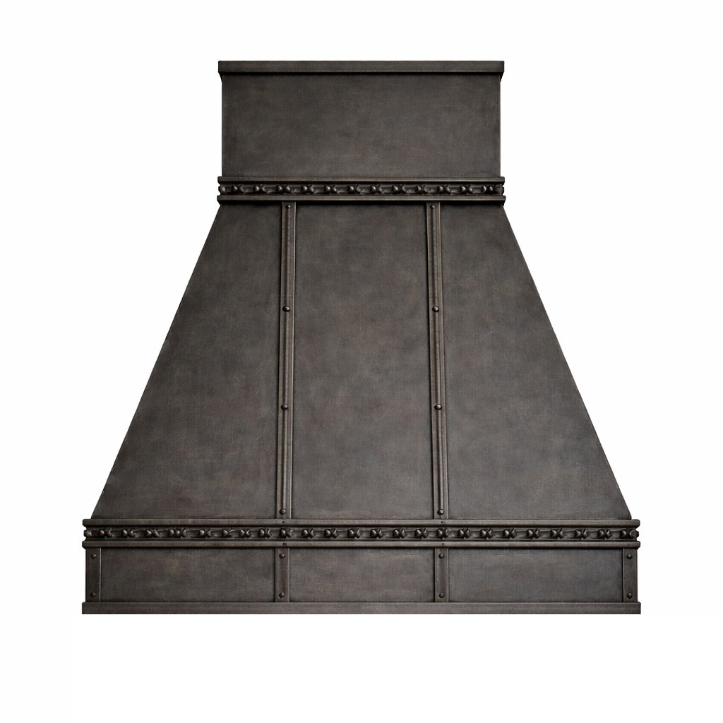 Brutalist mid-century zinc range hood with modular panel design and metal dark finish