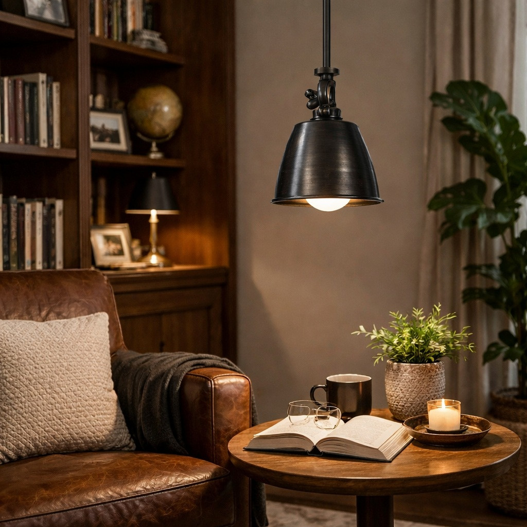French inspired dark brass bell pendant lamp over desk in library reading corner, contained pool of light with muted patina finish