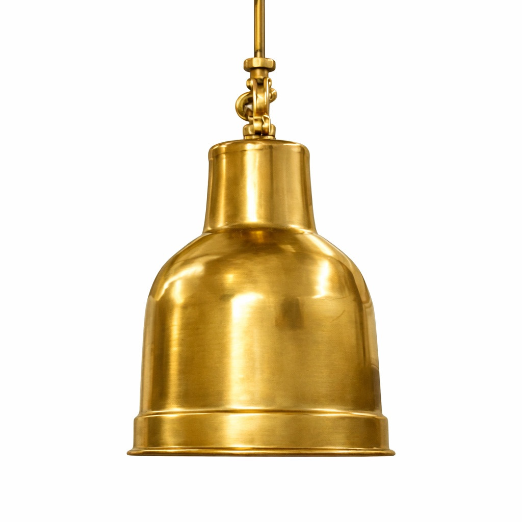 Bohemian brass ceiling lamp with bell shade in warm gold finish, smooth bell profile with soft highlights and focused downlight below