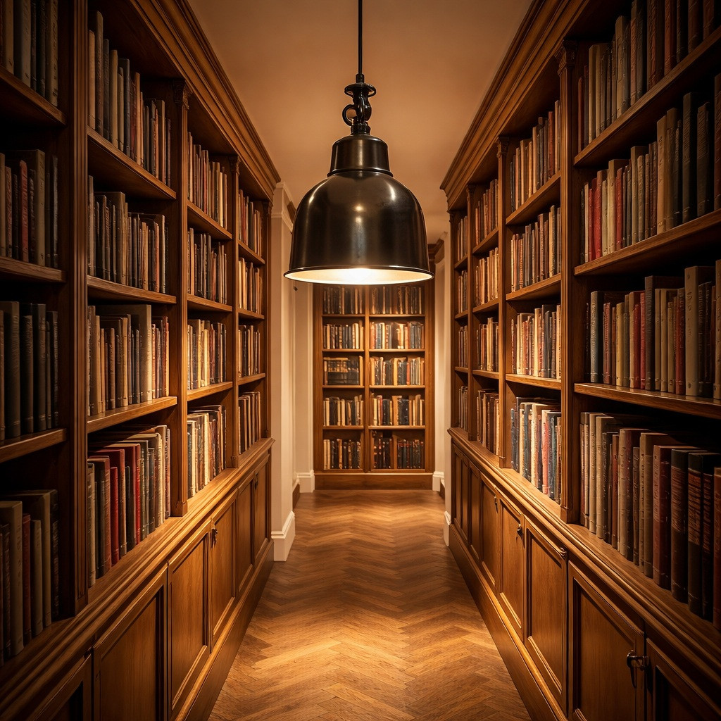 Bohemian brass ceiling lamp with bell shade in library, warm downlight over reading table with book lined shelves and quiet ambiance