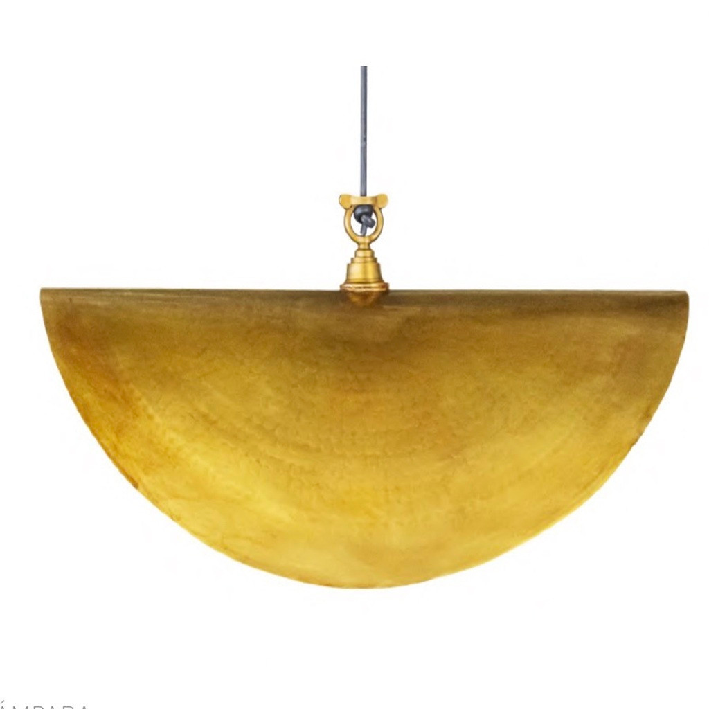 Designer brass half bowl pendant lamp, side view showing hammered shade and exposed bulbs on white background