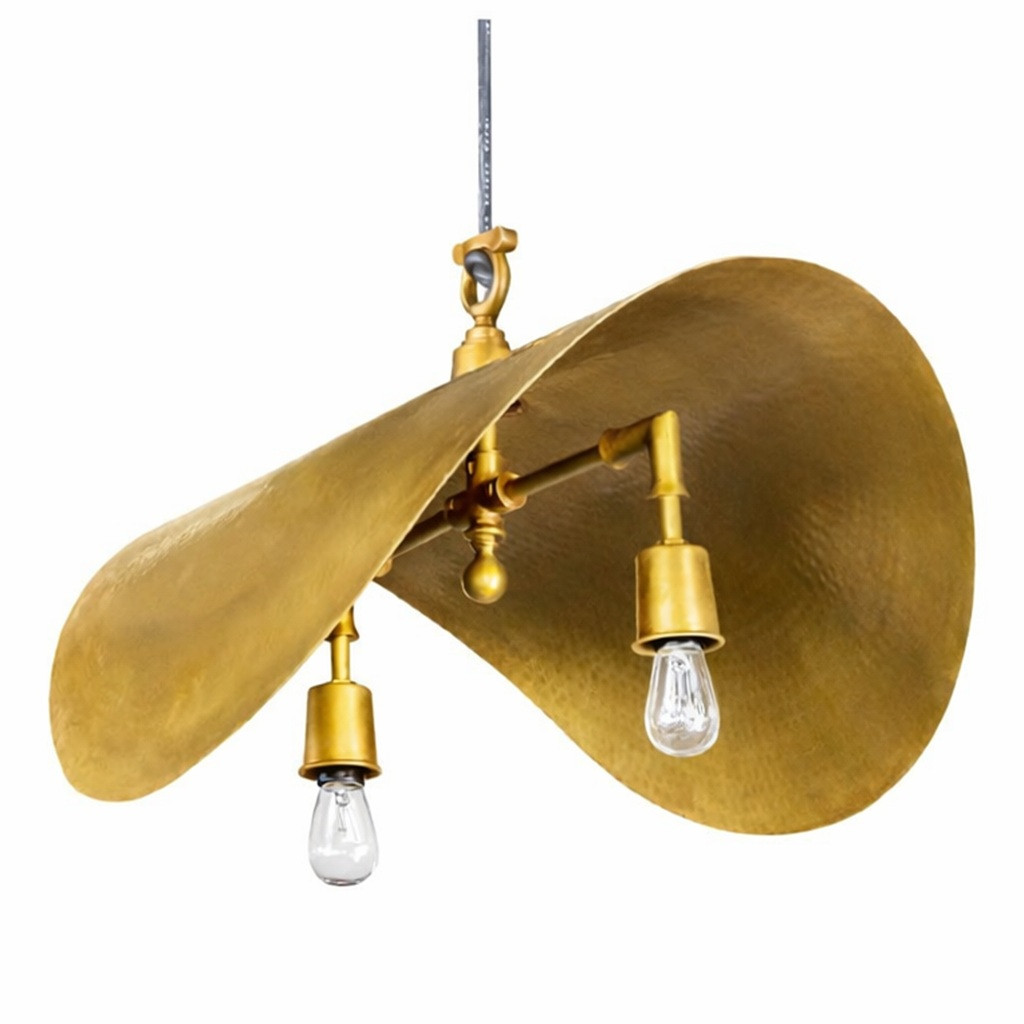 Designer brass half-bowl pendant lamp with hammered shade, exposed bulbs, angled view on white background