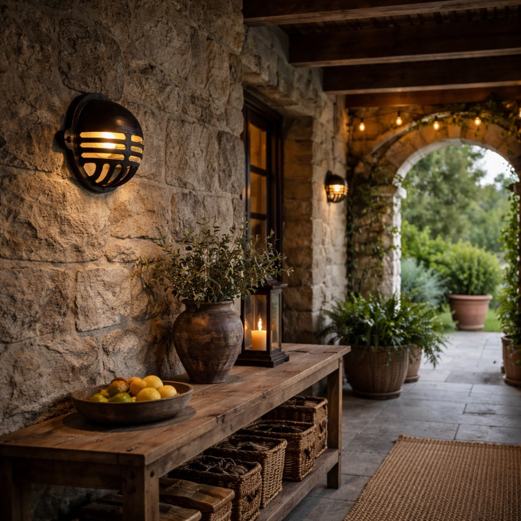 Compact industrial brass wall light shade with aged finish wall mount in outdoor passage, domed grille casts warm downlight on stone wall