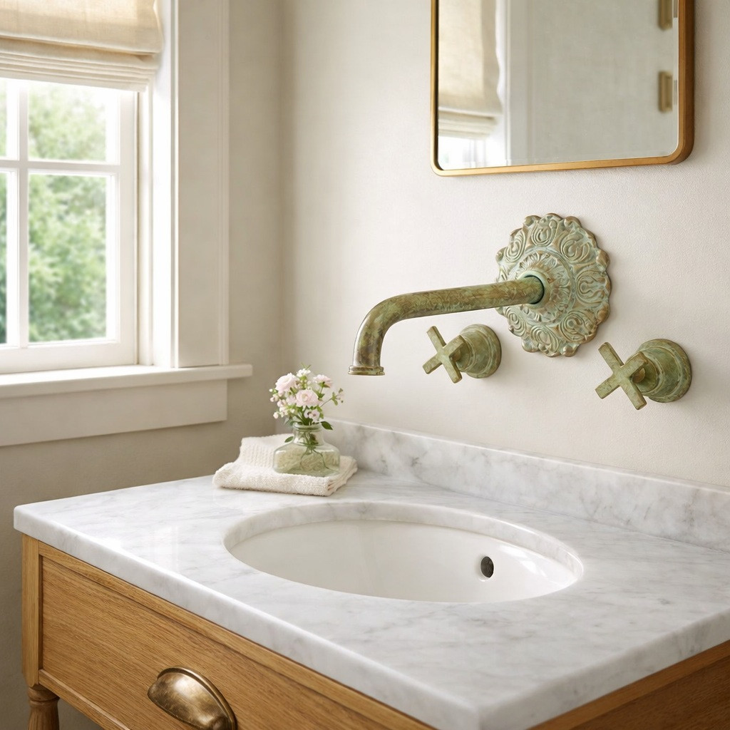 Solid brass wall mounted faucet with verdigris patina in a house powder room above a marble vanity and under a wall mirror