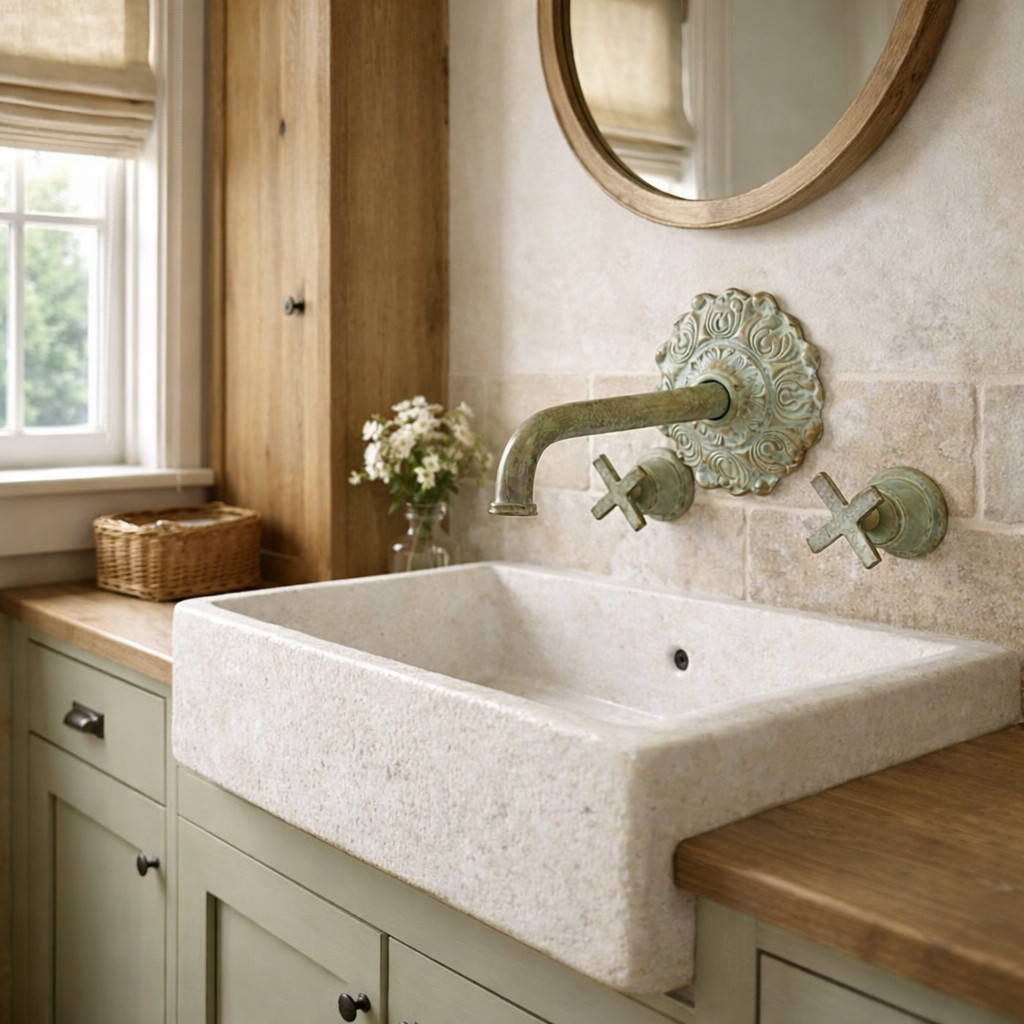 Solid brass wall mounted faucet with verdigris patina in a rustic cottage bathroom above a stone sink and painted wood vanity