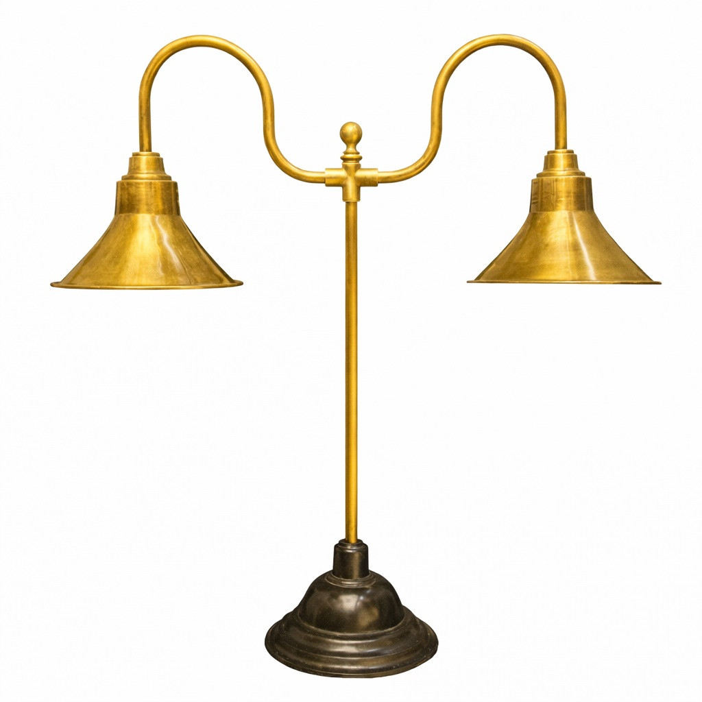 Solid brass double-arm table lamp with cast bronze stepped base