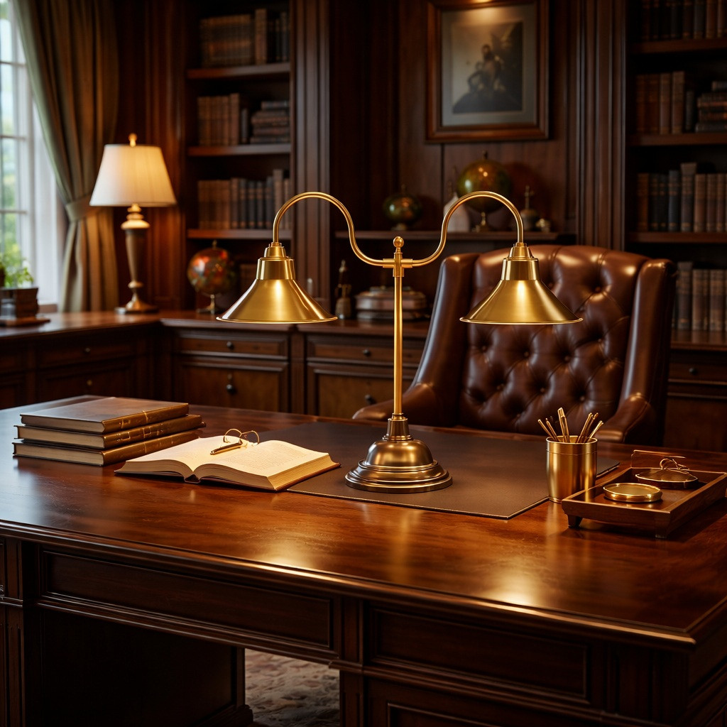 Solid brass double-arm table lamp with cast bronze base centered on executive desk in wood-paneled office with leather chair