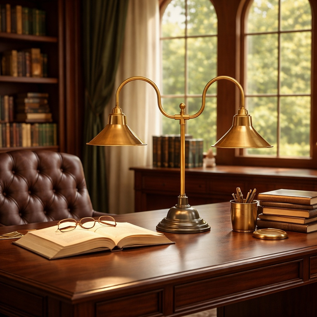 Solid brass double-arm table lamp with cast bronze base on dark wood desk in private library with built-in bookcases