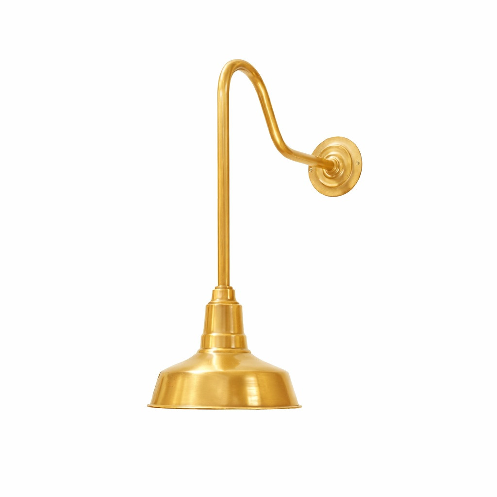 Brass gooseneck wall sconce with cast backplate and bell shade in light golden finish side view showing curved arm and round mount