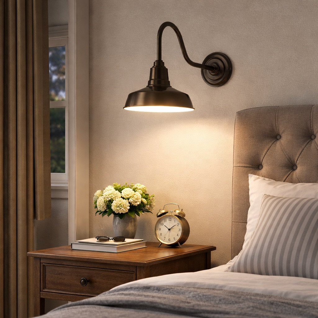 Brass gooseneck wall sconce with cast backplate and bell shade on bedroom headboard wall for bedside reading light