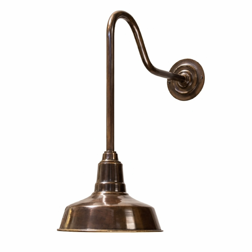 Brass gooseneck wall sconce with cast backplate and bell shade in dark finish side view showing curved arm and round wall mount