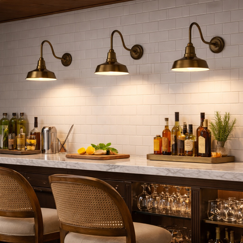 Brass gooseneck wall sconce with cast backplate and bell shade mounted over restaurant bar backsplash for task lighting