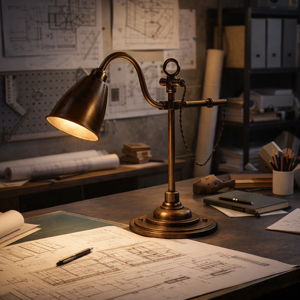 Industrial brass task lamp with counterweighted arm and heritage workshop form in an architect designer studio workstation