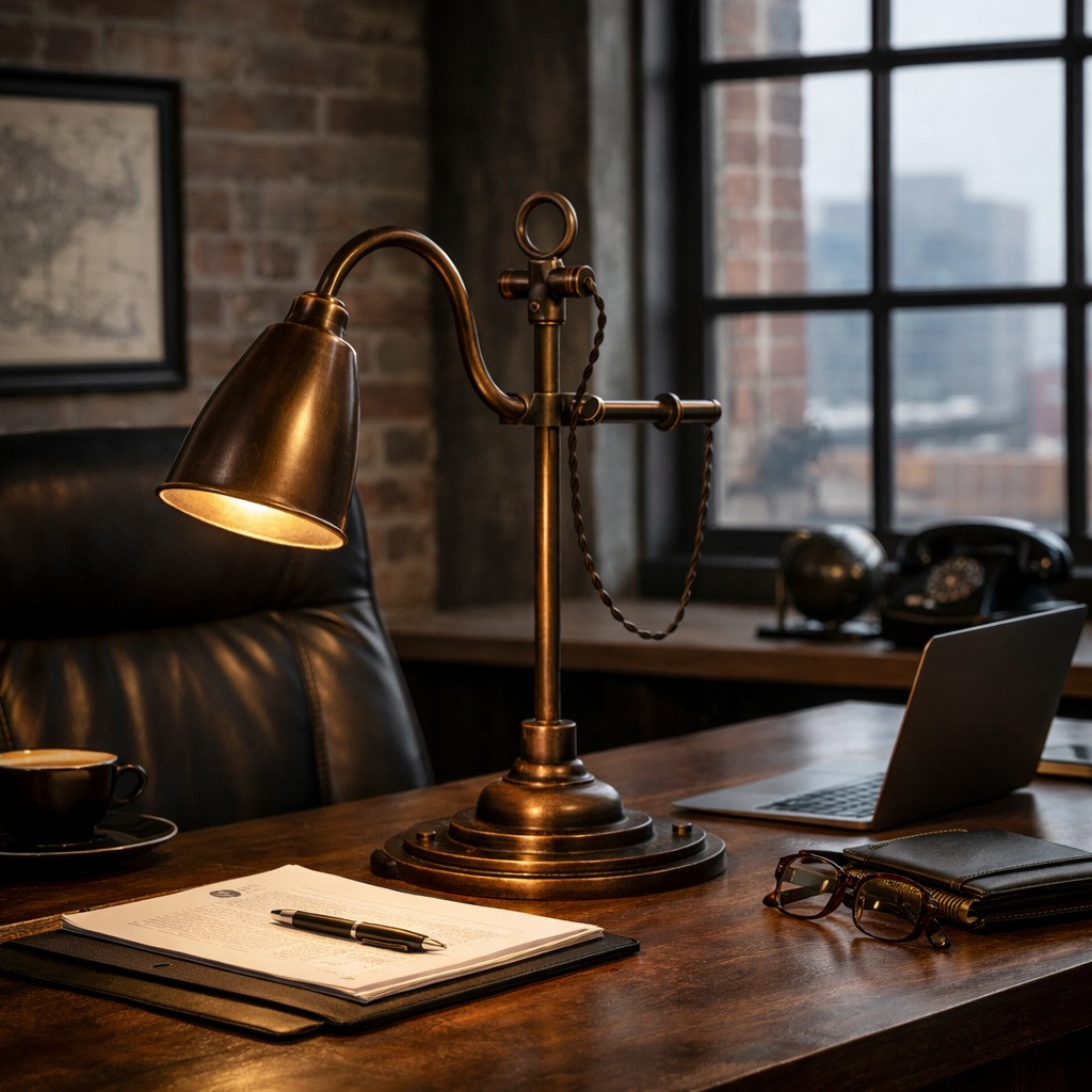 Industrial Brass Task Lamp with Counterweighted Arm