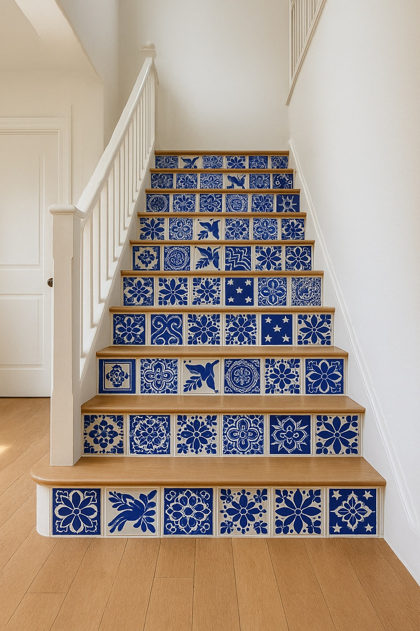 Staircase with every riser adorned in the blue-and-white Talavera tiles