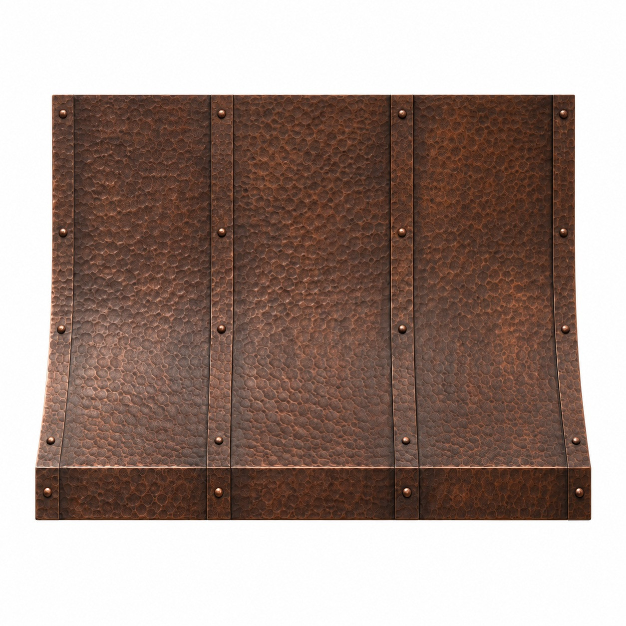 Hammered copper range hood with adjustable straps and sloping body