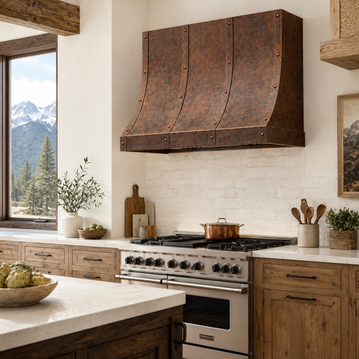Hand-Hammered Copper Range Hood with Adjustable Strap Layout in a mountain lodge kitchen with exposed wood beams and stone accents