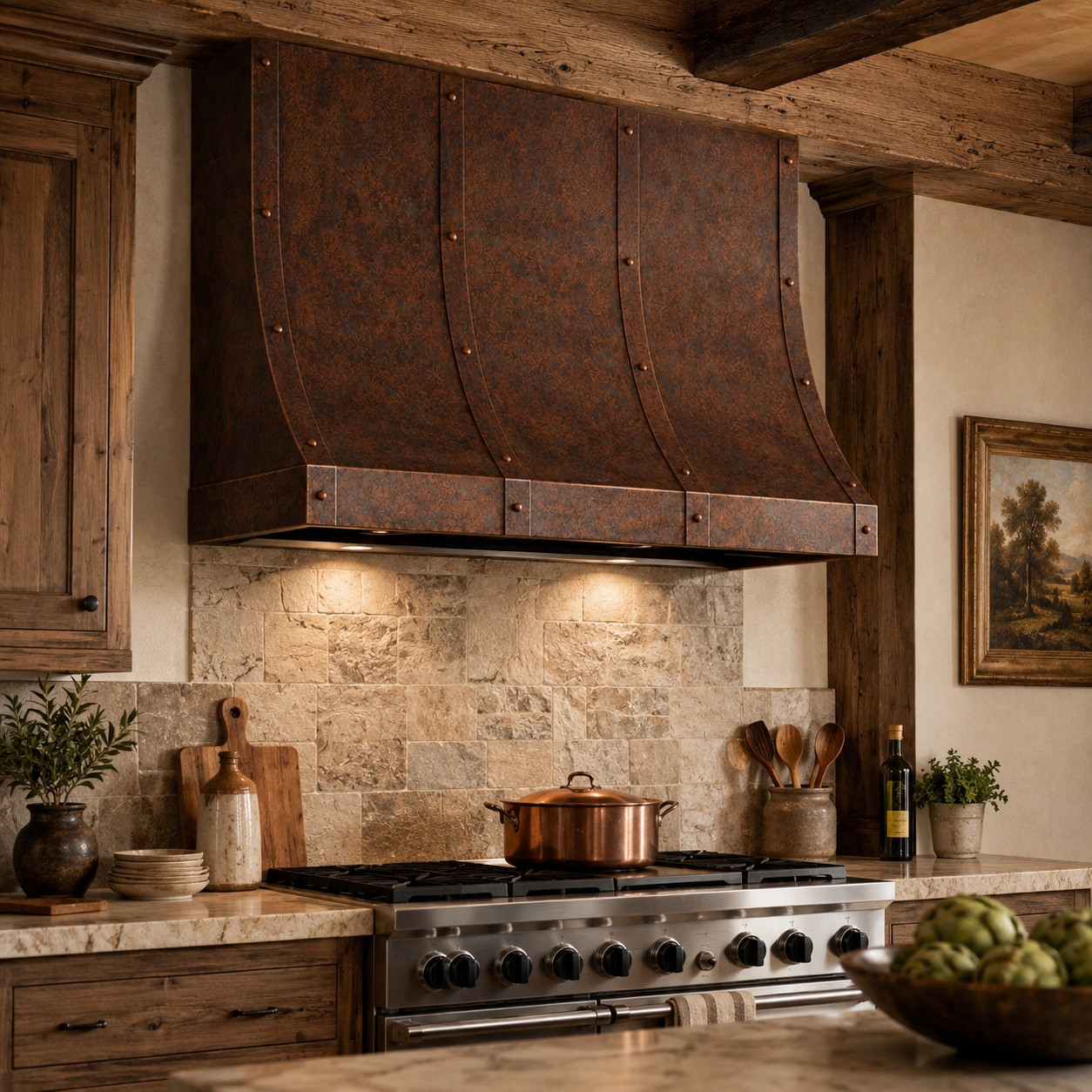 Rustic kitchen with hammered copper range hood, adjustable straps, and warm handcrafted finish