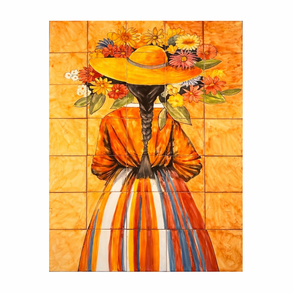 Talavera tile mural woman with a floral hat presents a calm and elegant composition inspired by traditional Mexican folk art