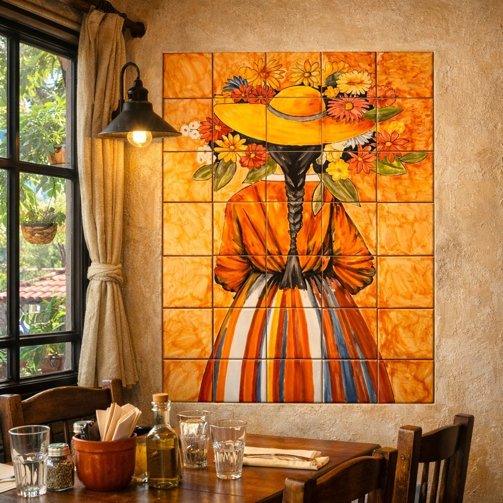 Talavera tile mural woman with a floral hat on a restaurant wall