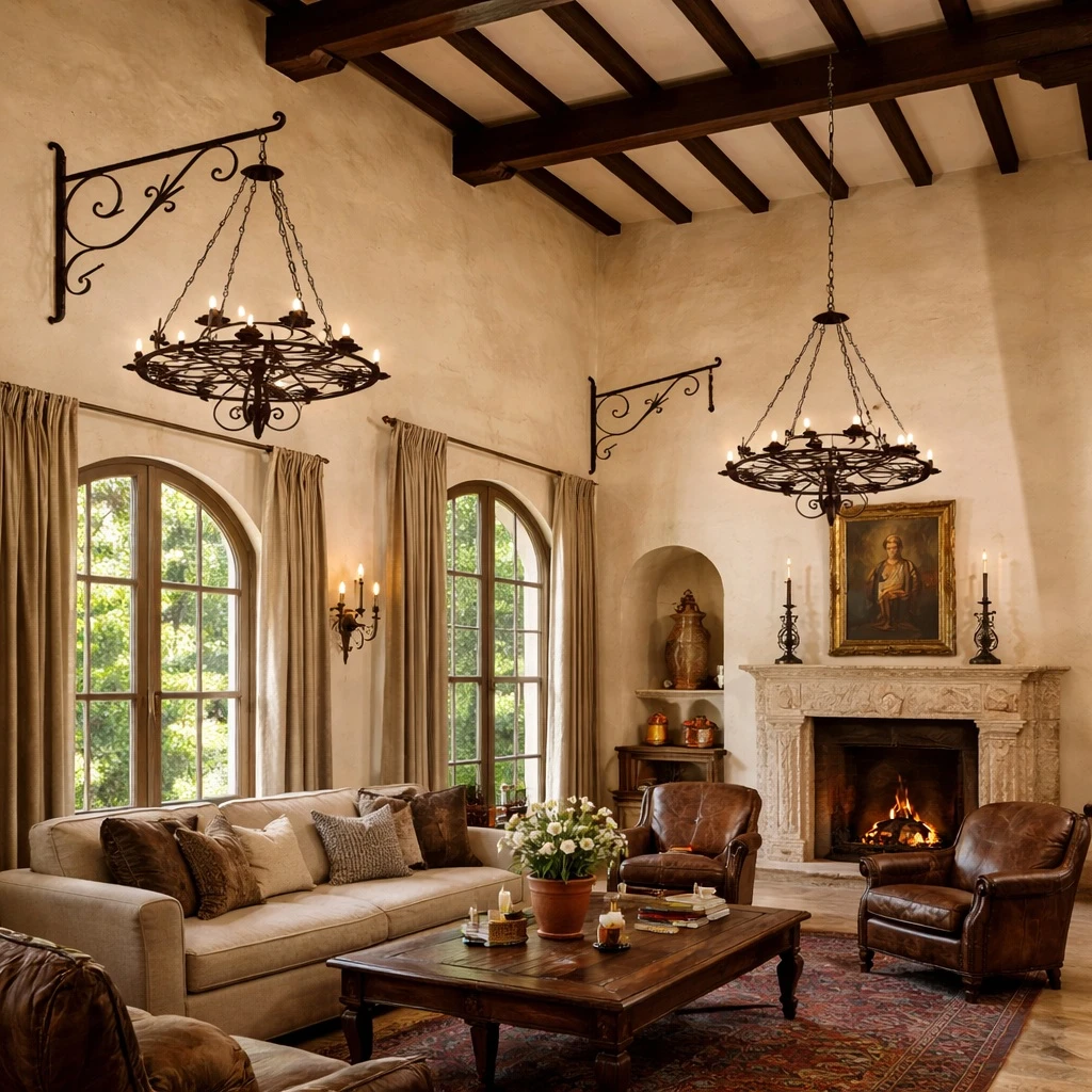 Spanish Mission iron chandelier  in a living room settings