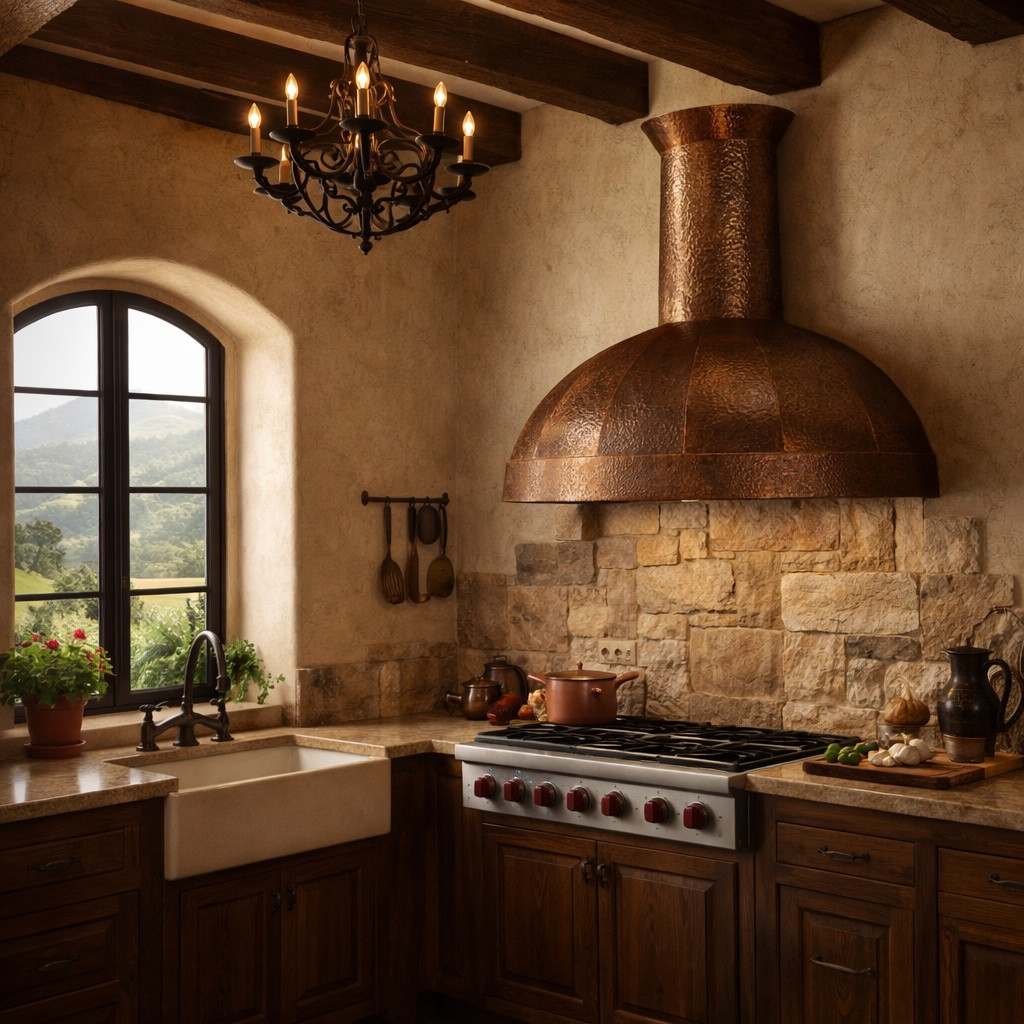 Hand hammered copper dome range hood with minimal apron in a colonial hacienda kitchen with iron chandelier and stone wall