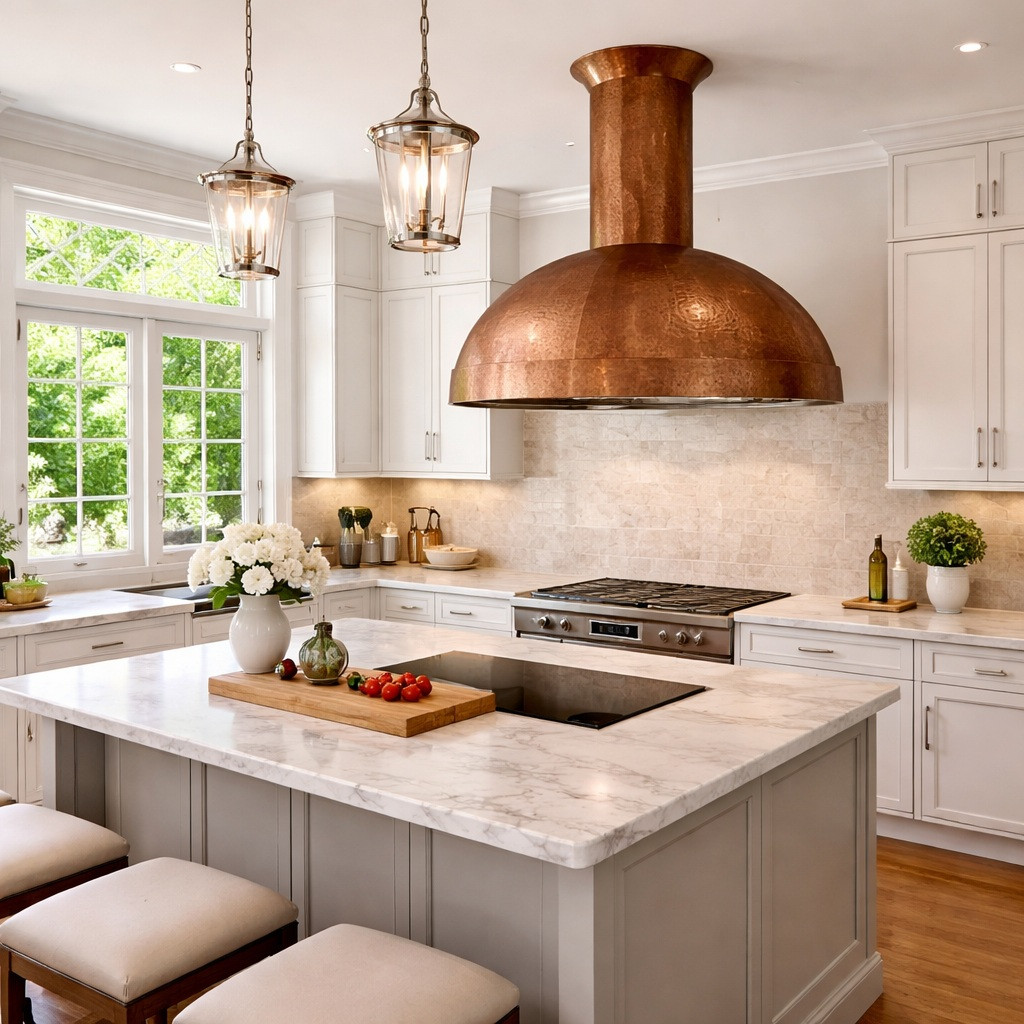 Kitchen island with hammered copper dome range hood, rounded canopy, compact chimney, and warm patina
