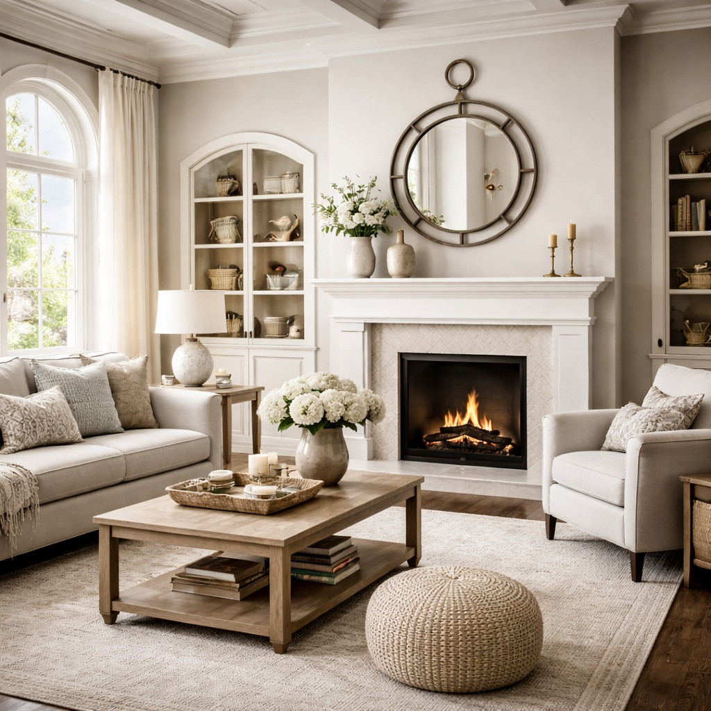 Rustic contemporary round iron frame mirror with open geometric design above fireplace in transitional interior, double ring frame with balanced symmetry