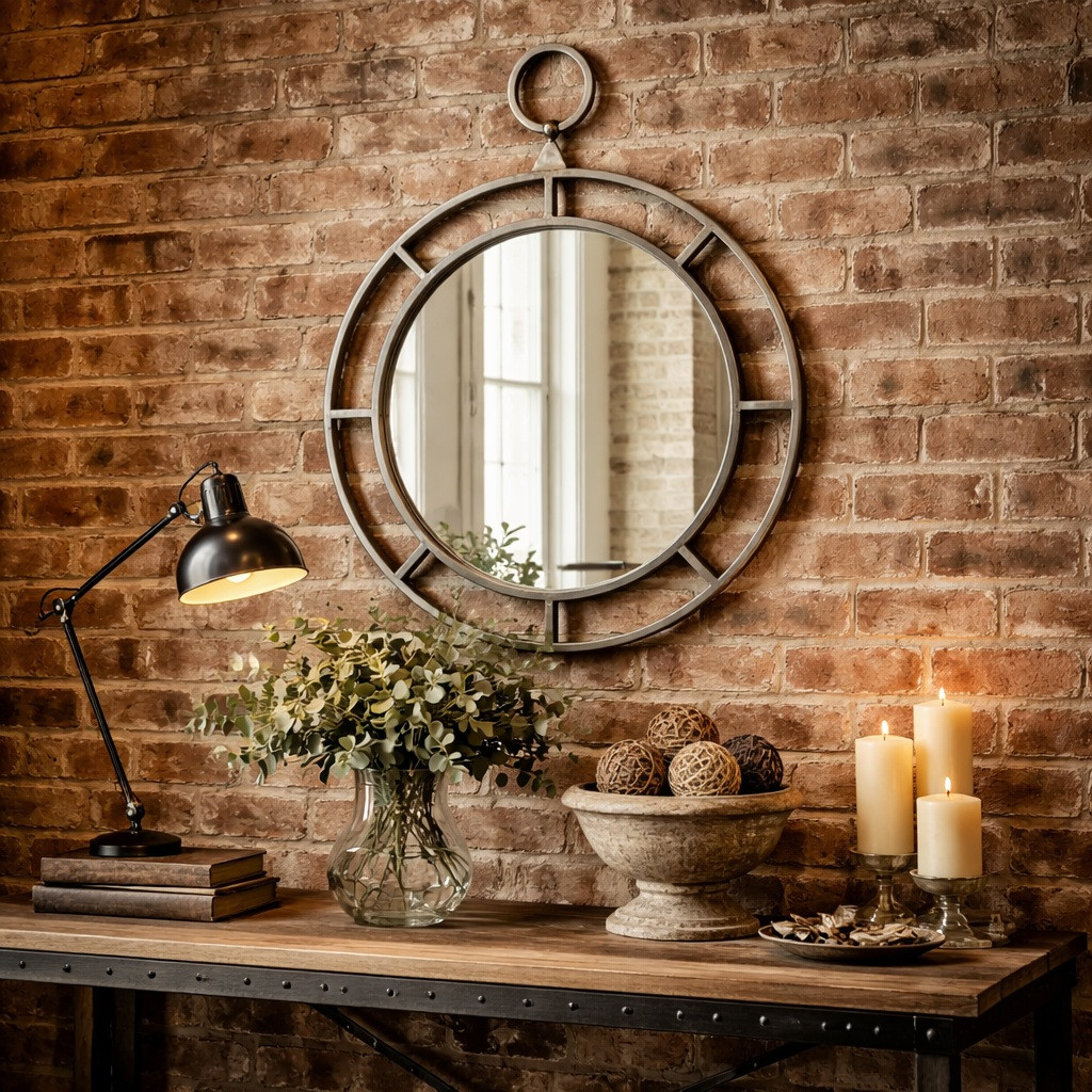 Rustic contemporary round iron frame mirror with open geometric design in industrial interior, double ring frame with exposed metal and raw wall backdrop