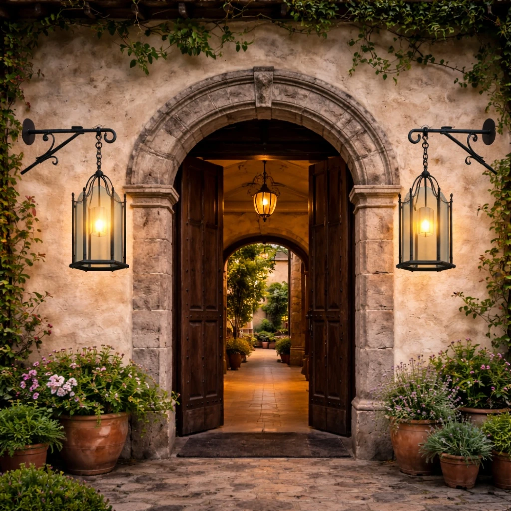 Pair of hand-forged-exterior-wall-lamp-hanging-lantern flanking mission-style entrance with carved stone arch and wooden doors