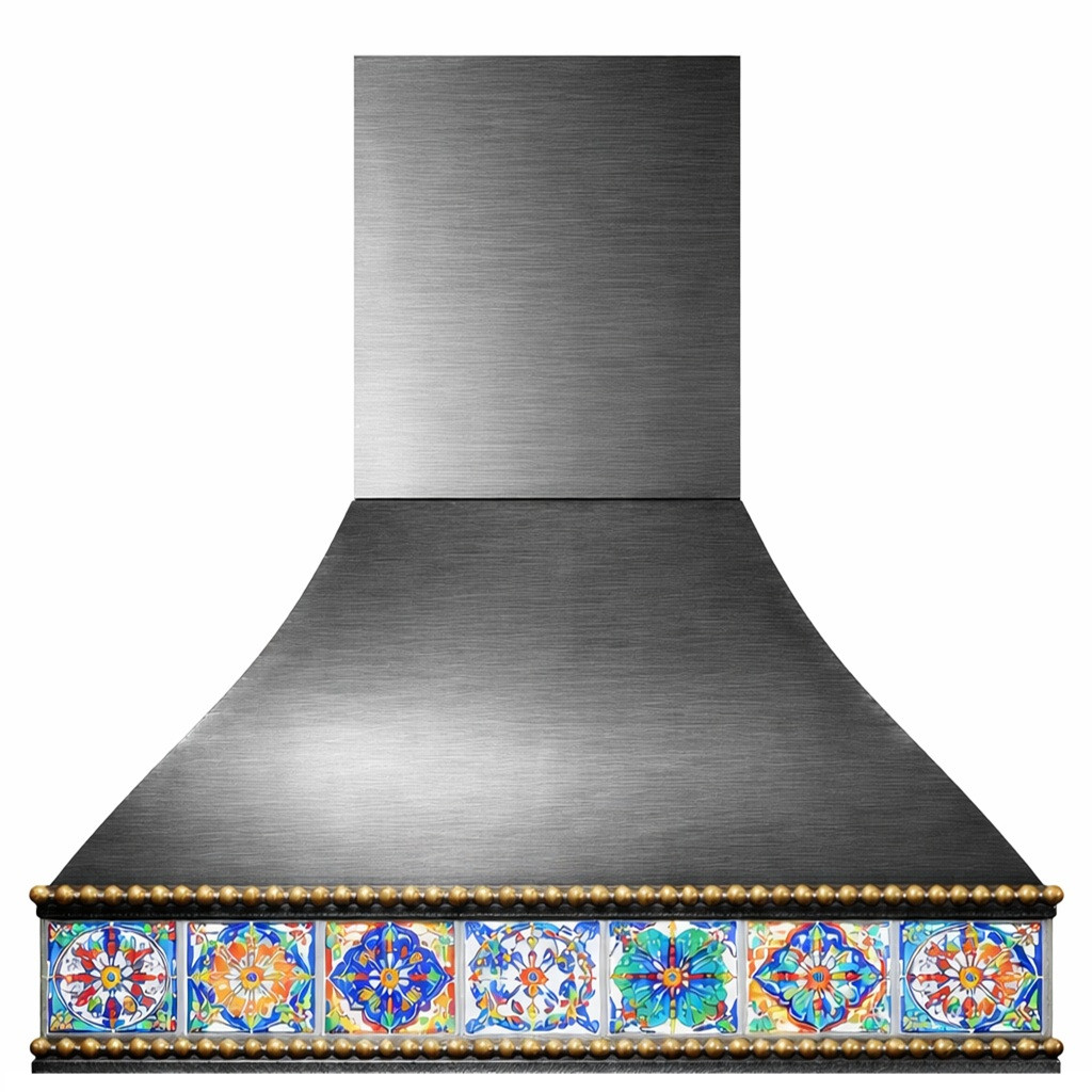Gunmetal range hood with a brushed finish and Talavera tile apron