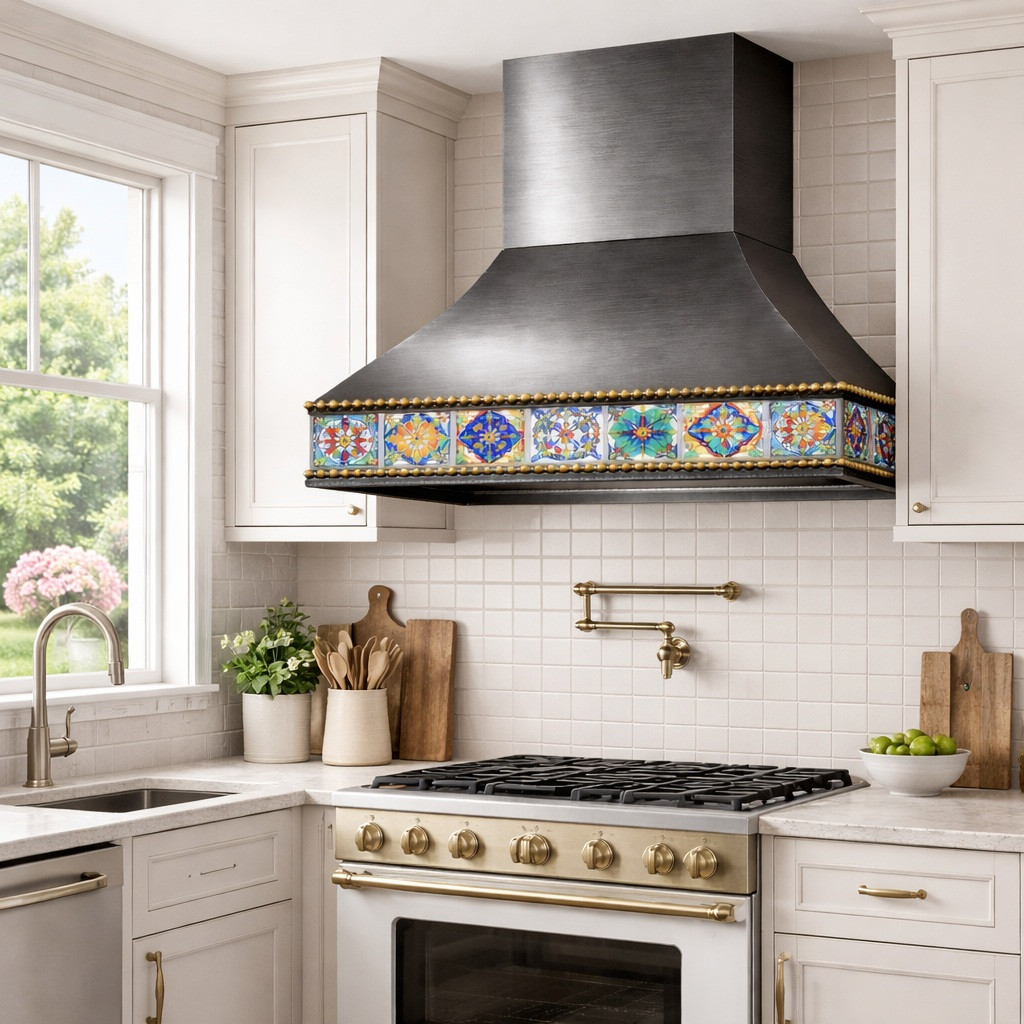 Gunmetal range hood with Talavera tile apron above stove in bright suburban kitchen with white cabinets and window