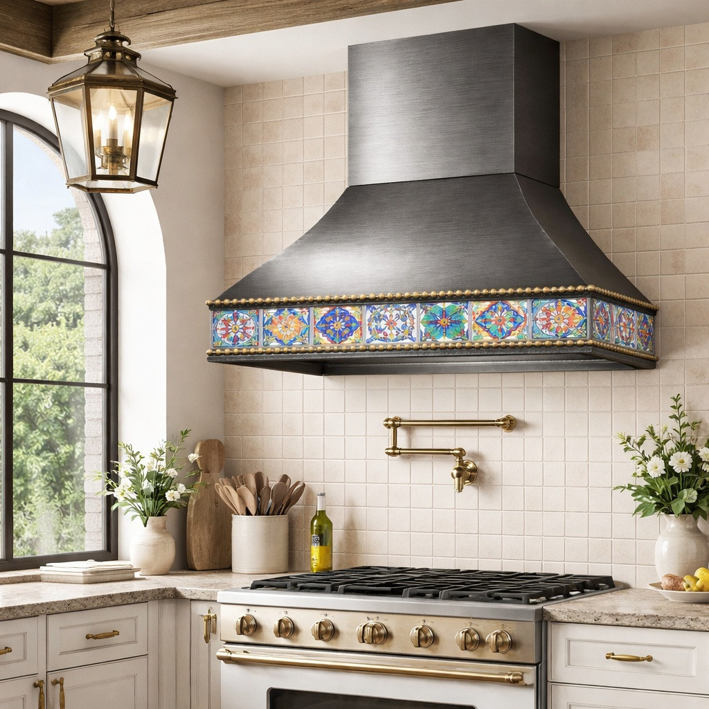 Gunmetal Range Hood with Talavera Tile Apron