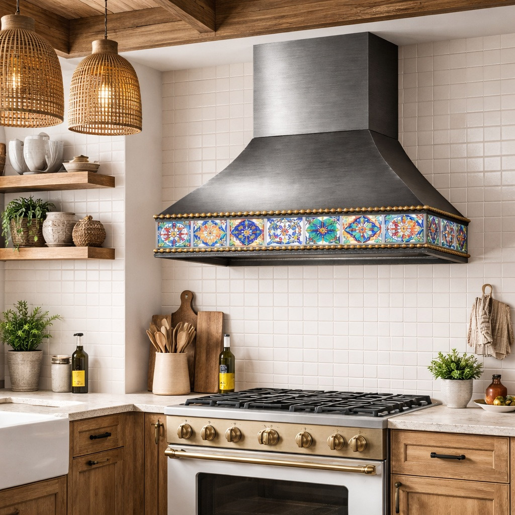 Gunmetal range hood with Talavera tile apron in modern rustic kitchen with wood shelves and warm textures