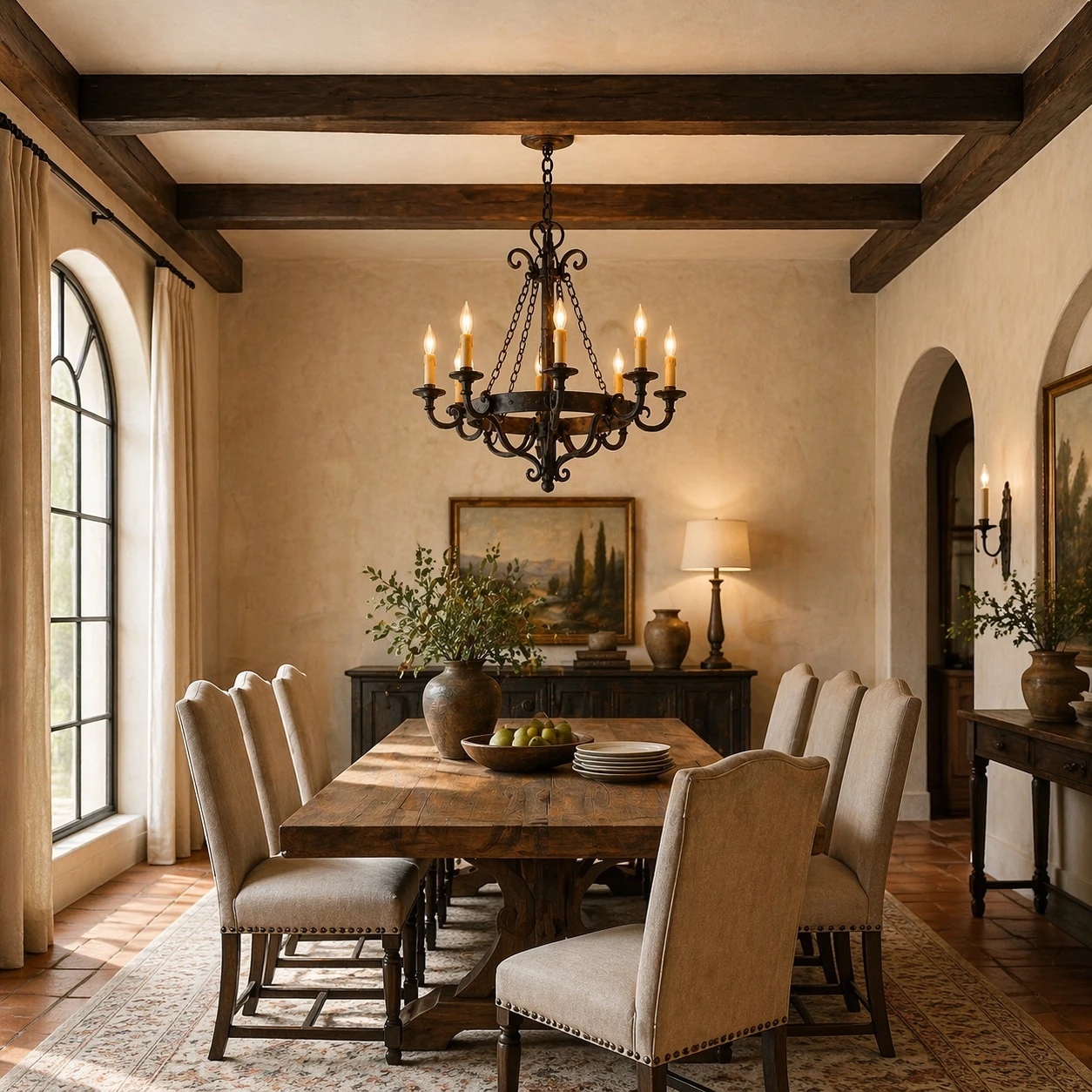 Transitional old-world dining room with wood table and Wrought Iron Ring Ceiling Chandelier over neutral upholstered chairs