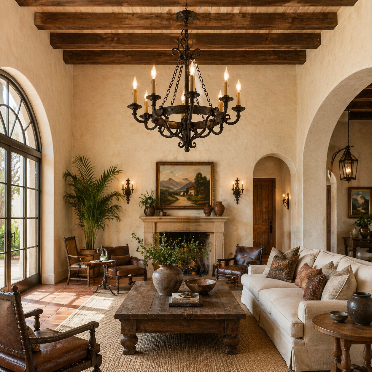 Spanish Hacienda great room with off white walls and Wrought Iron Ring Ceiling Chandelier above rustic seating area