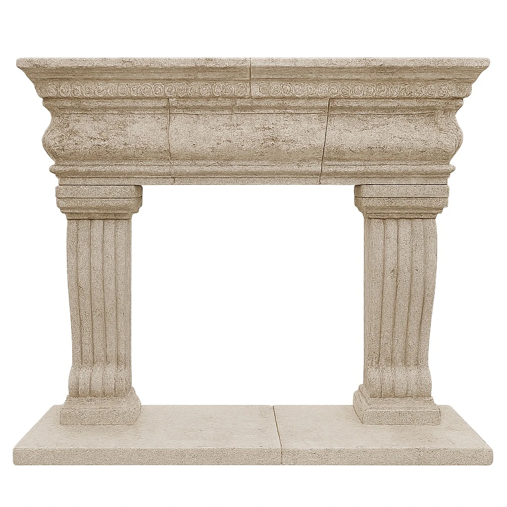 Carved stone fireplace mantel with classical columns front view