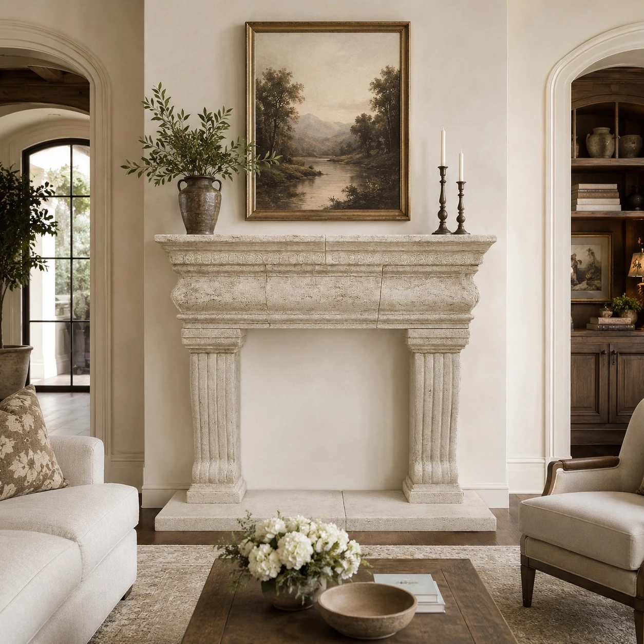 Carved cantera stone fireplace mantel with classical columns in a luxury living room
