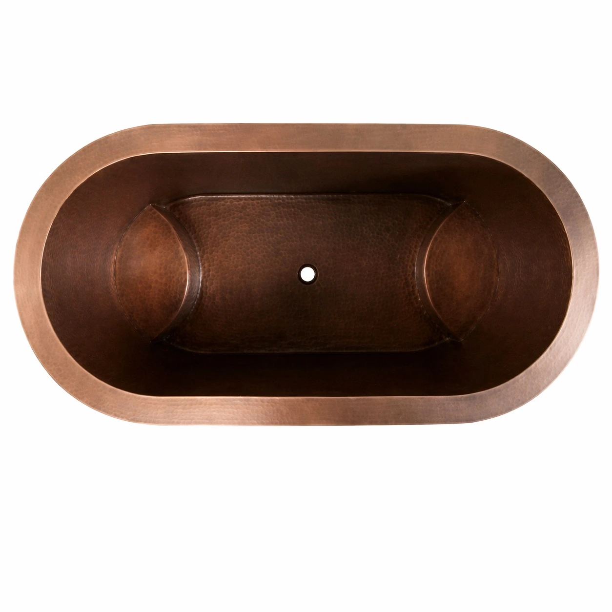 Hammered copper bathtub with interior seating steps view from above