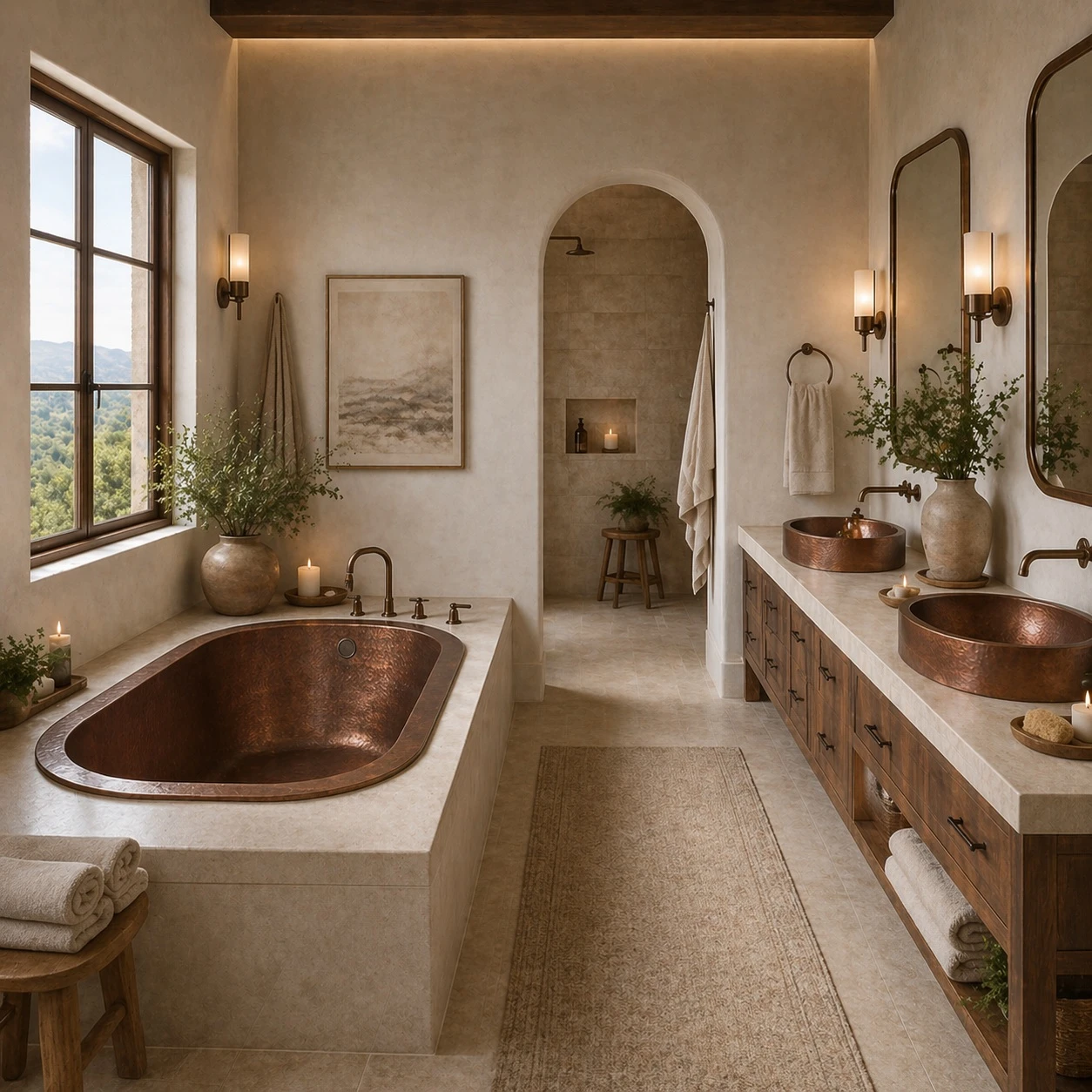 Hammered copper bathtub with interior seating steps set in a spa bathroom with window, vanity, and copper sinks