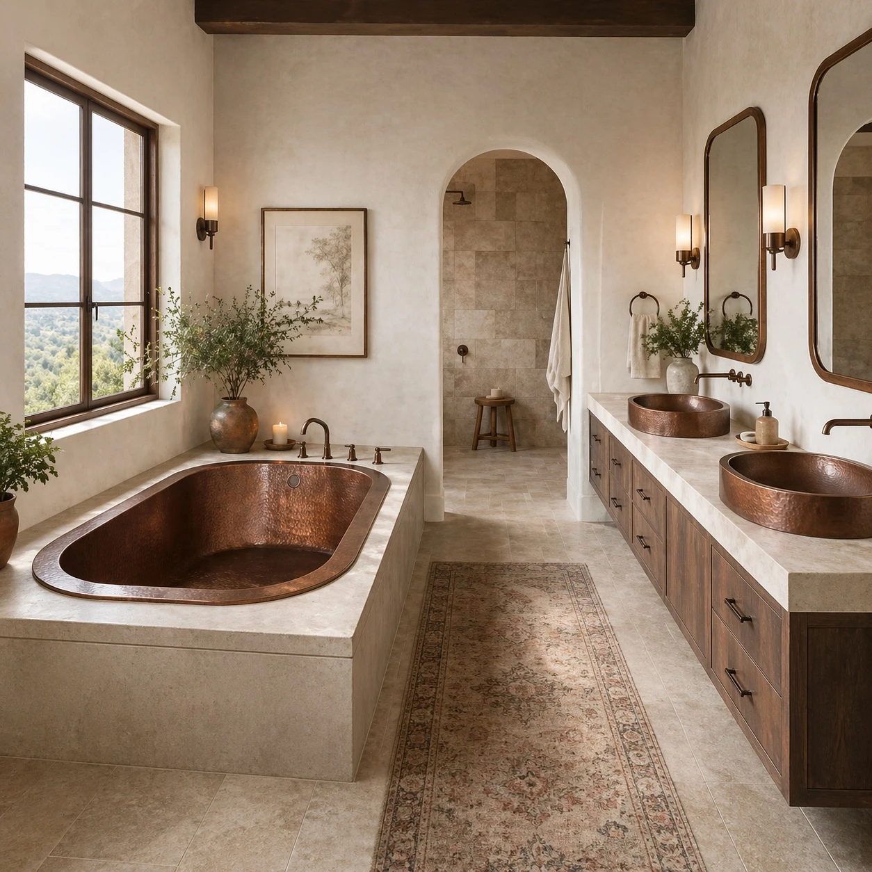 Hammered copper bathtub with interior seating steps as drop in, set into bathroom deck with warm patina and oval basin