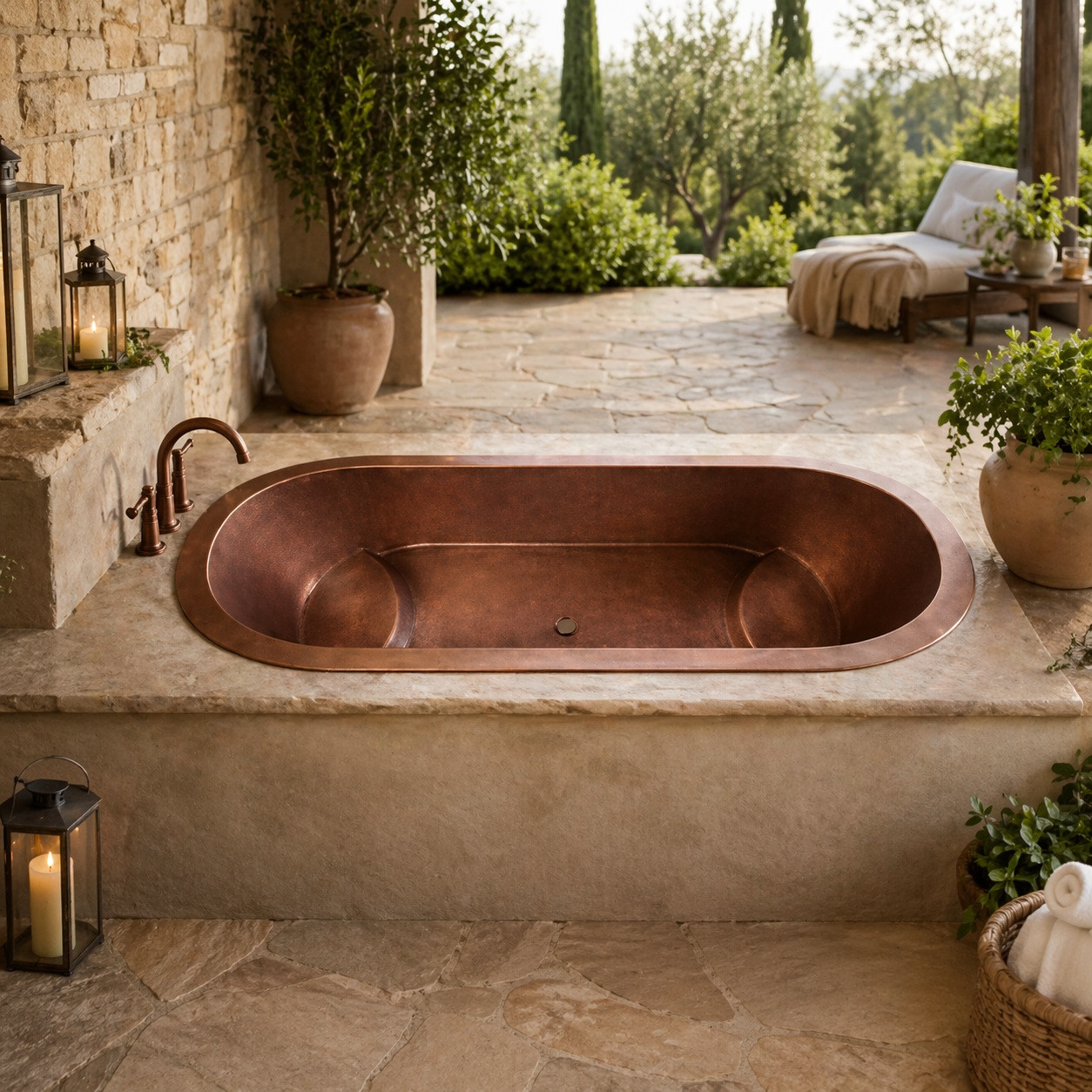 Hammered copper bathtub with interior seating steps in outdoor veranda, oval tub with warm patina set against open air setting
